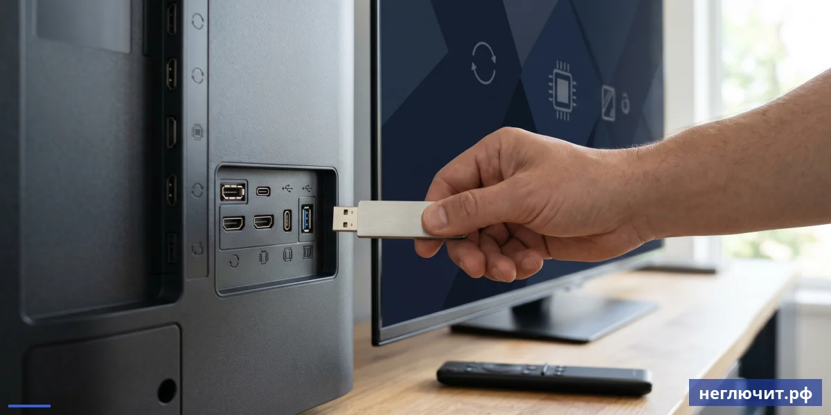 USB-перепрошивка Smart TV — мастер вставляет флешку с прошивкой в современный ТВ