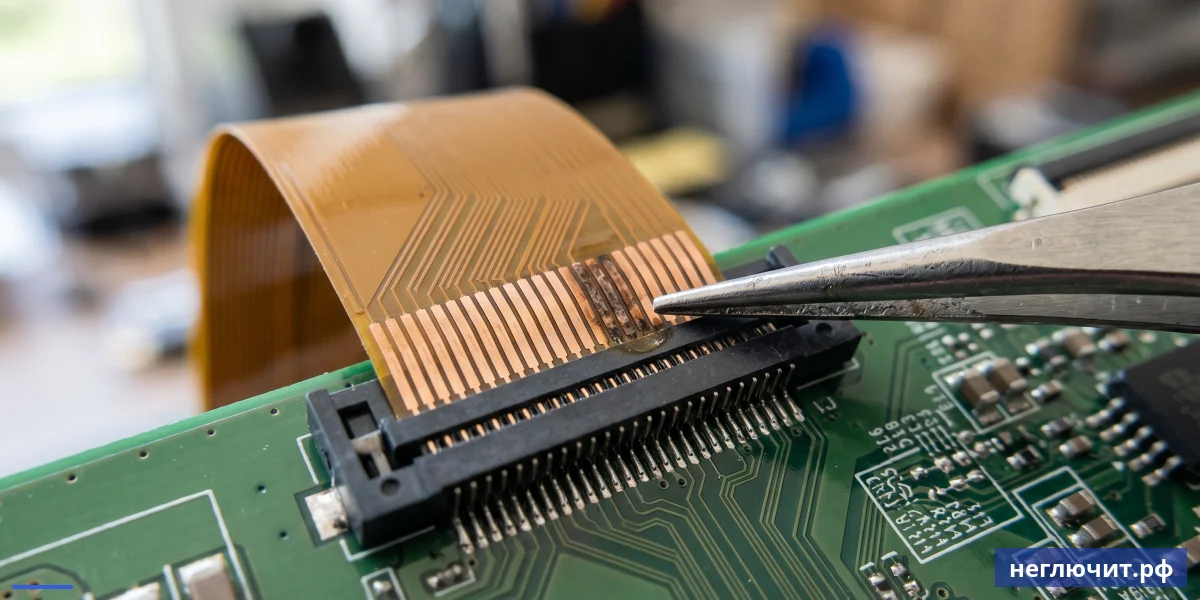 Крупный план T-Con платы и шлейфа LVDS современного телевизора