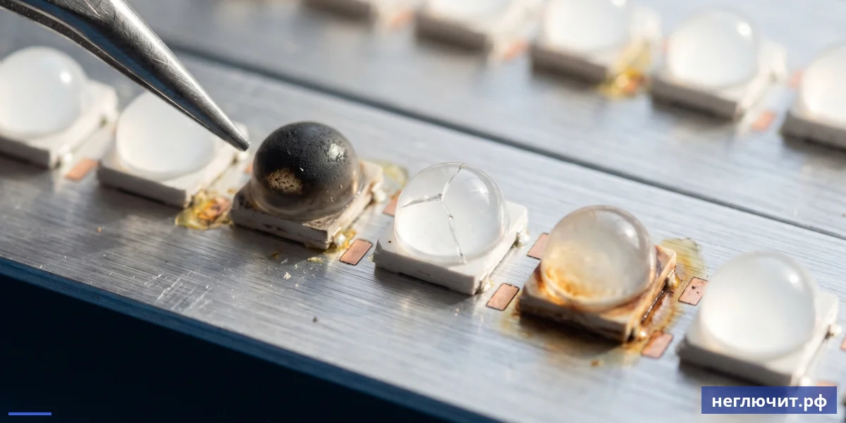 Крупный план перегоревших SMD светодиодов на LED-планке — типичная причина чёрного экрана