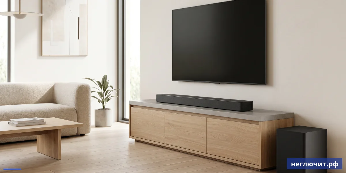 Современный саундбар установлен под slim frameless ТВ в Japandi-гостиной