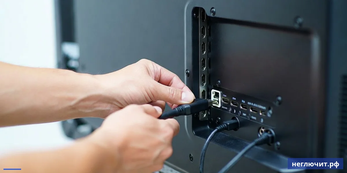Руки переключают HDMI-кабель на задней панели современного телевизора