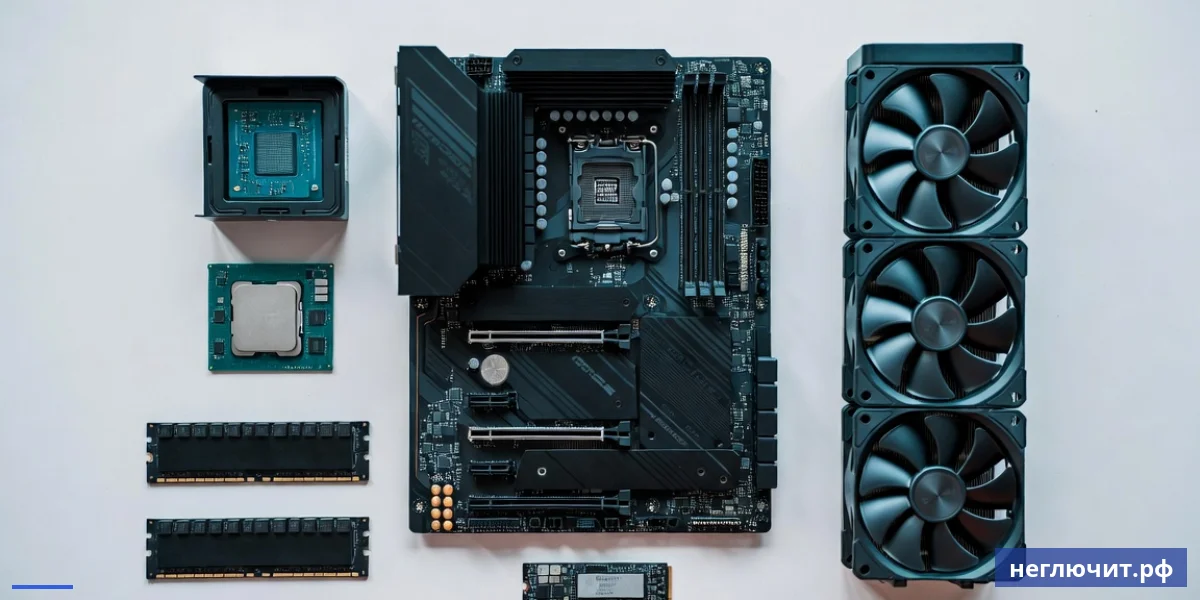 Компоненты игрового ПК на белом столе — материнка, GPU, CPU, RAM DDR5, NVMe SSD