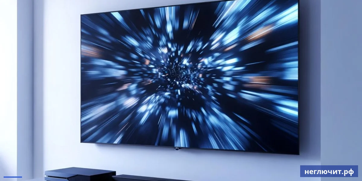 Современный игровой телевизор с консолью PS5 и саундбаром в холодной синей гамме
