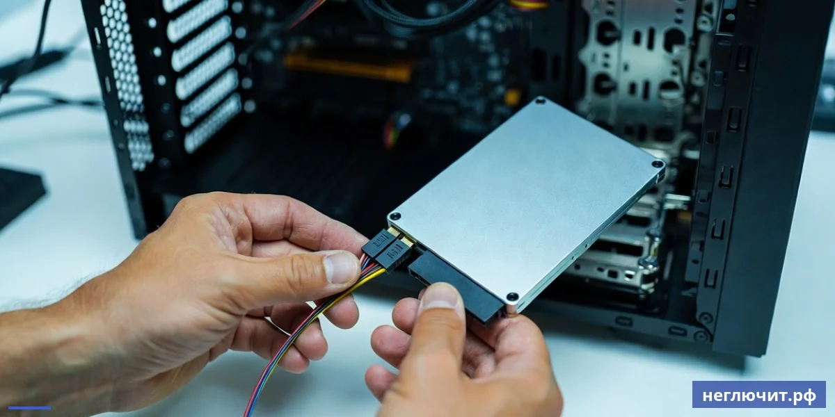 Подключение SATA-кабеля данных к 2.5-дюймовому SSD внутри открытого корпуса компьютера