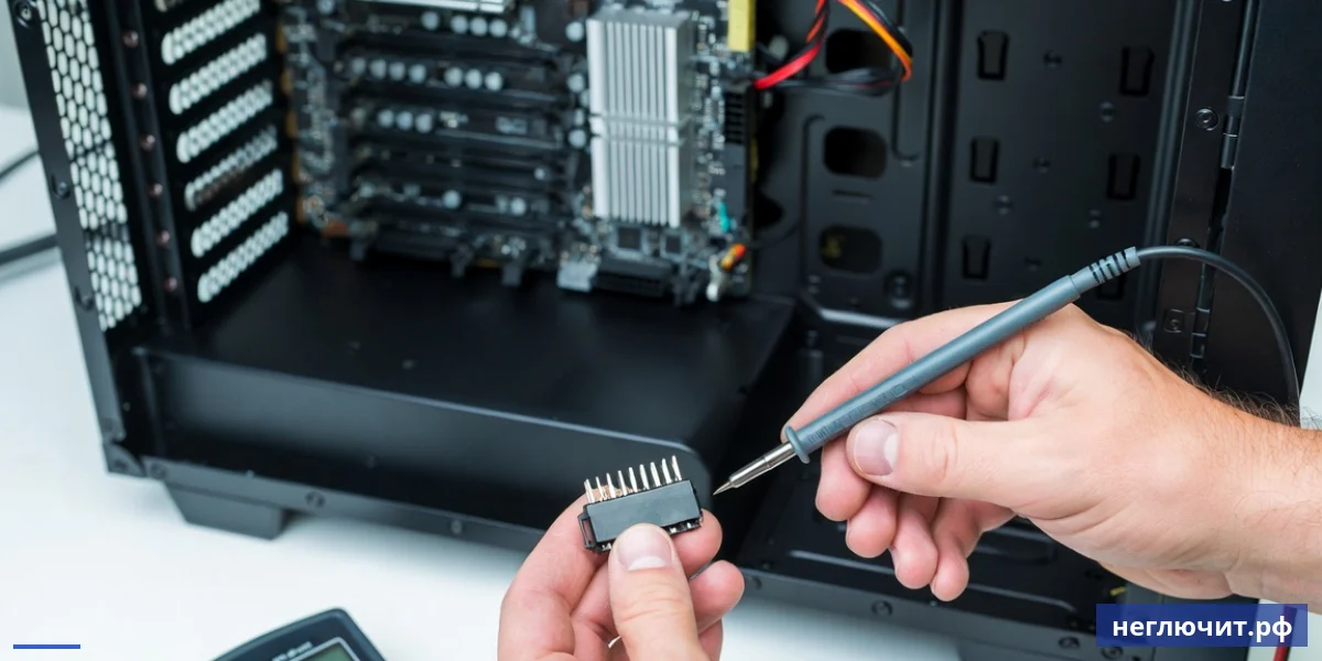 Руки мастера измеряют мультиметром напряжение на 24-pin ATX разъёме питания материнской платы