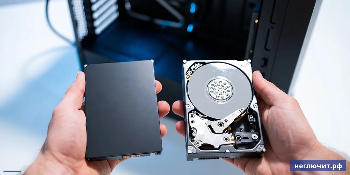 Руки мастера сравнивают современный SSD и обычный жёсткий диск HDD — главное обновление для ускорения ПК