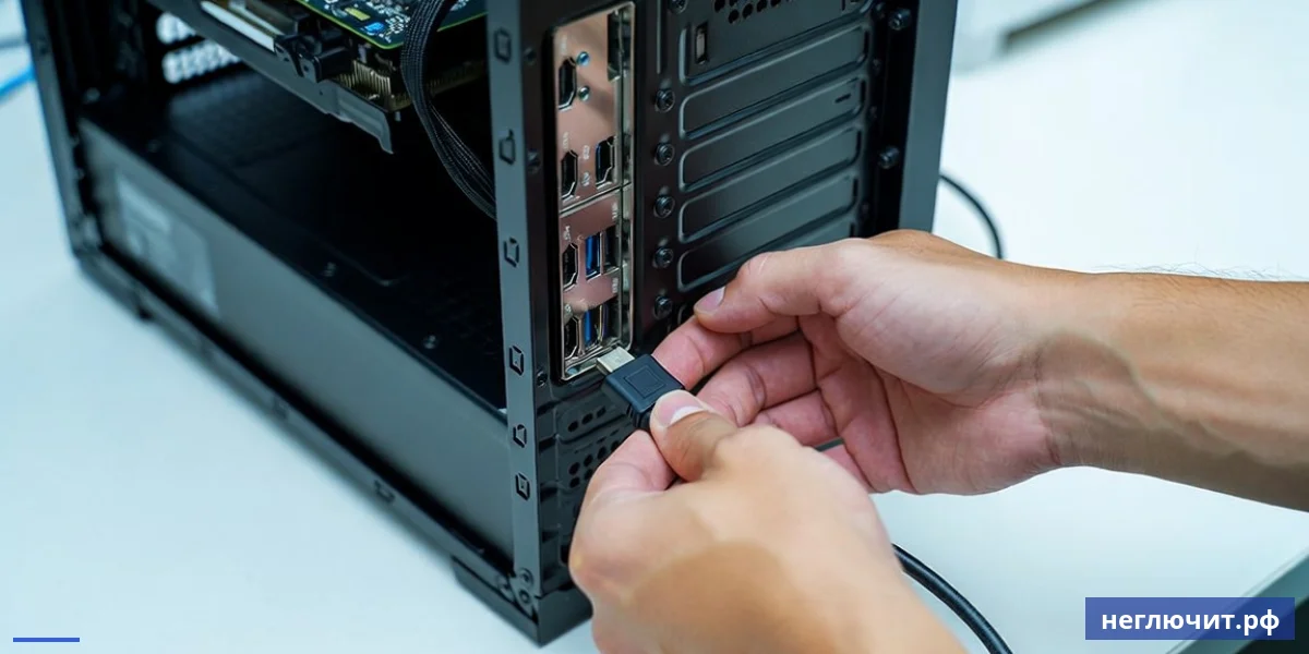Руки мастера подключают HDMI-кабель к задней панели видеокарты внутри системного блока