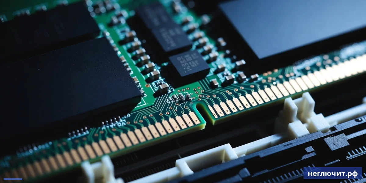 Крупный план планки оперативной памяти DDR4 с золотистыми контактами в слоте материнской платы