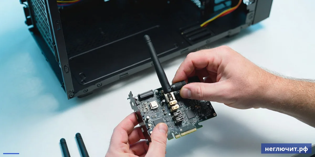 Установка Wi-Fi антенны на PCIe адаптер внутри открытого корпуса ПК — типичный сервис
