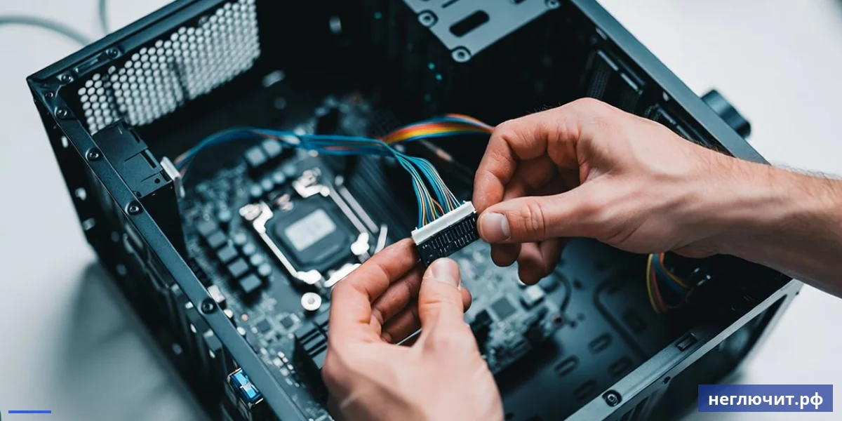 Руки мастера подключают Front Panel USB кабель к разъёму на материнской плате внутри ПК