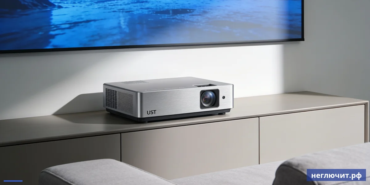 Ультра-короткофокусный лазерный проектор Hisense Laser Cinema или Samsung Premiere на тумбе с проекцией на ALR-экран