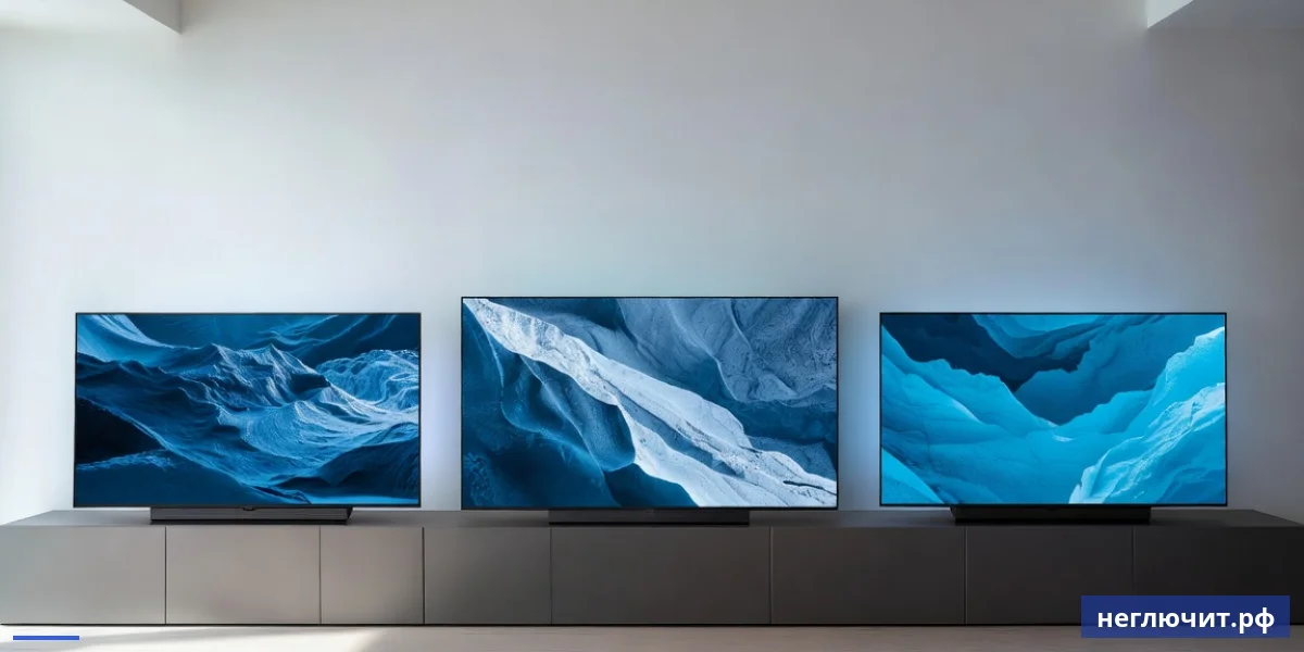 Три современных премиум-телевизора Samsung, LG и Sony рядом в минималистичной гостиной