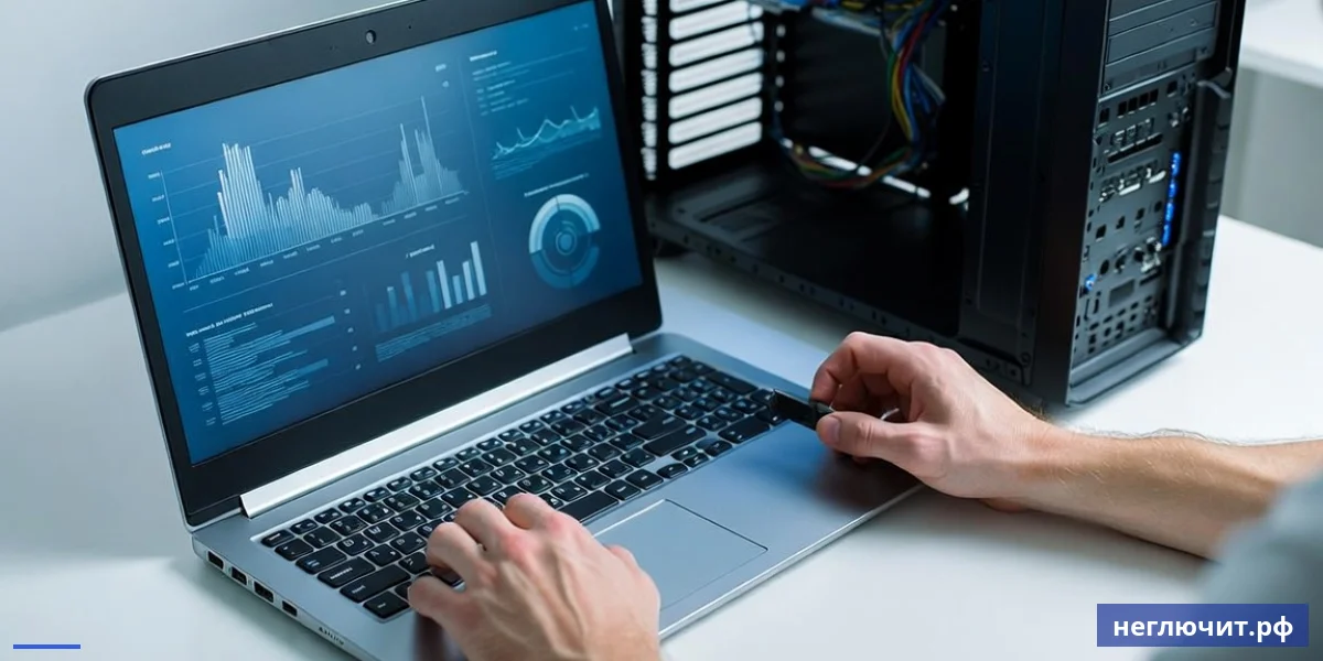 Руки мастера с ноутбуком и USB-флешкой диагностируют ПК с BSOD ошибкой через загрузочную флешку