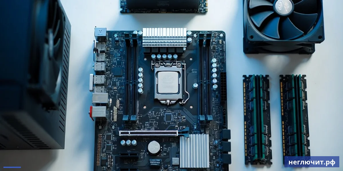 Компоненты офисного ПК выложены на белом столе — материнка, CPU, RAM, SSD, кулер