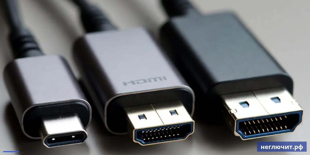 Макро трёх типов современных видеокабелей — USB-C, HDMI и DisplayPort
