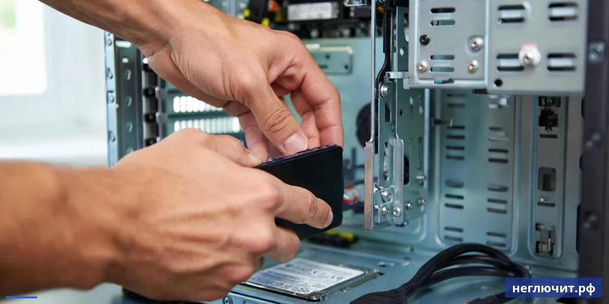 Установка SATA SSD 2.5 дюйма в корзину системного блока — руки мастера крепят диск