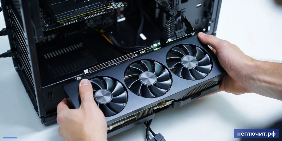 Установка видеокарты в слот PCIe x16 материнской платы — руки мастера прижимают GPU