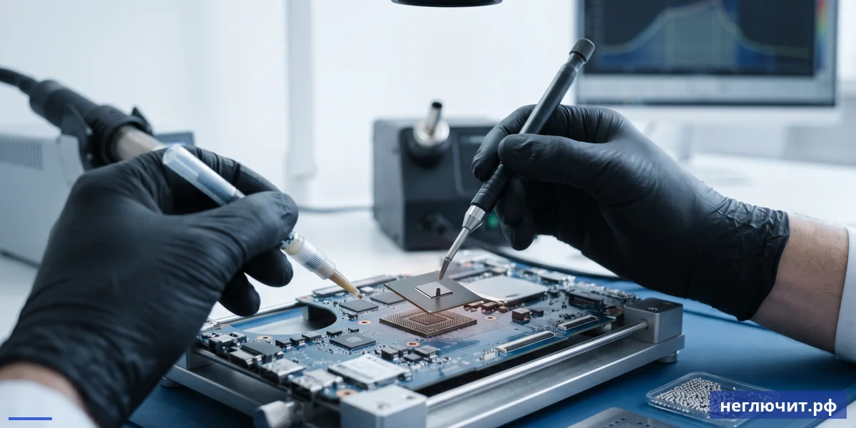 Реболл GPU-чипа — мастер снимает BGA-чип с матплаты ноутбука вакуумным пинцетом