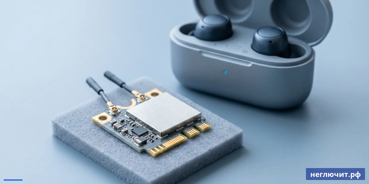 Комбинированный Wi-Fi/Bluetooth модуль M.2 рядом с беспроводными TWS наушниками — наглядный связь между чипом и устройством
