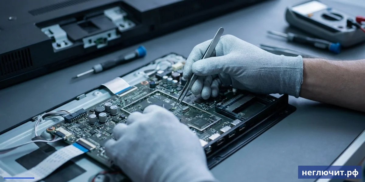 Ремонт телевизора Samsung — мастер за работой, материнская плата крупным планом