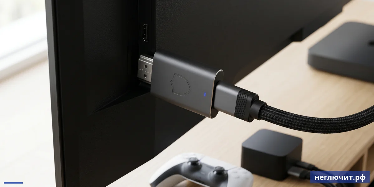Защитный HDMI-адаптер с TVS-защитой подключён к ТВ — спасает чип от ESD и грозы