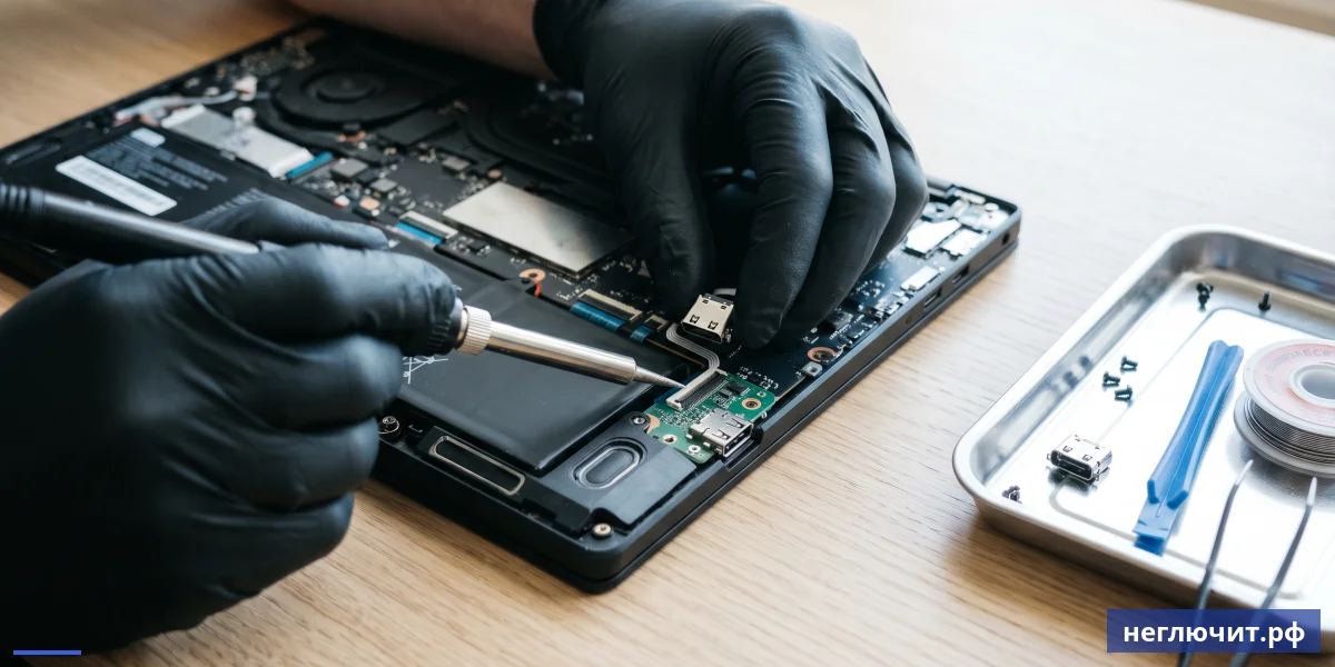 Руки мастера в антистатических перчатках заменяют разъём зарядки USB-C на материнской плате ноутбука — замена в сервисе
