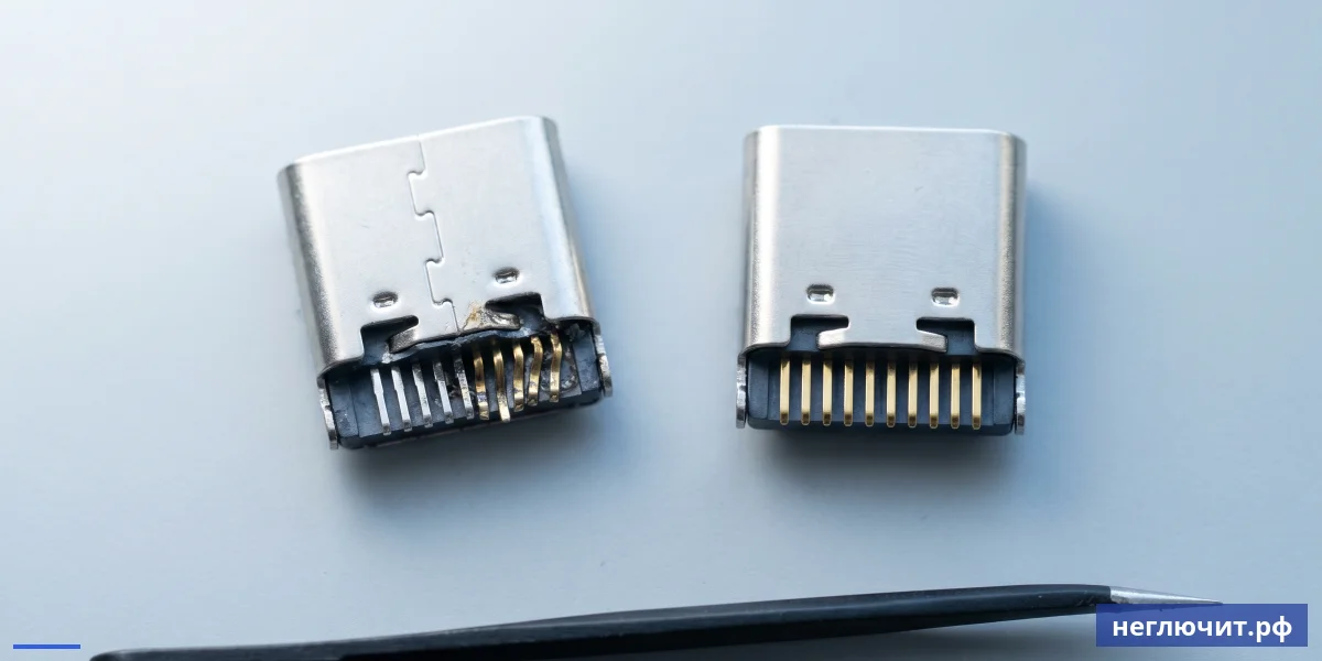 Макро повреждённого USB-C разъёма ноутбука с погнутыми пинами рядом с новым — наглядное сравнение