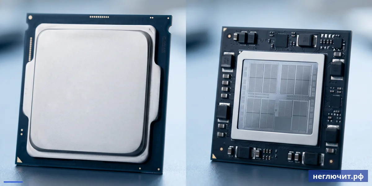Макро снимок x86 процессора с теплораспределительной крышкой и компактного ARM SoC — наглядная разница архитектур