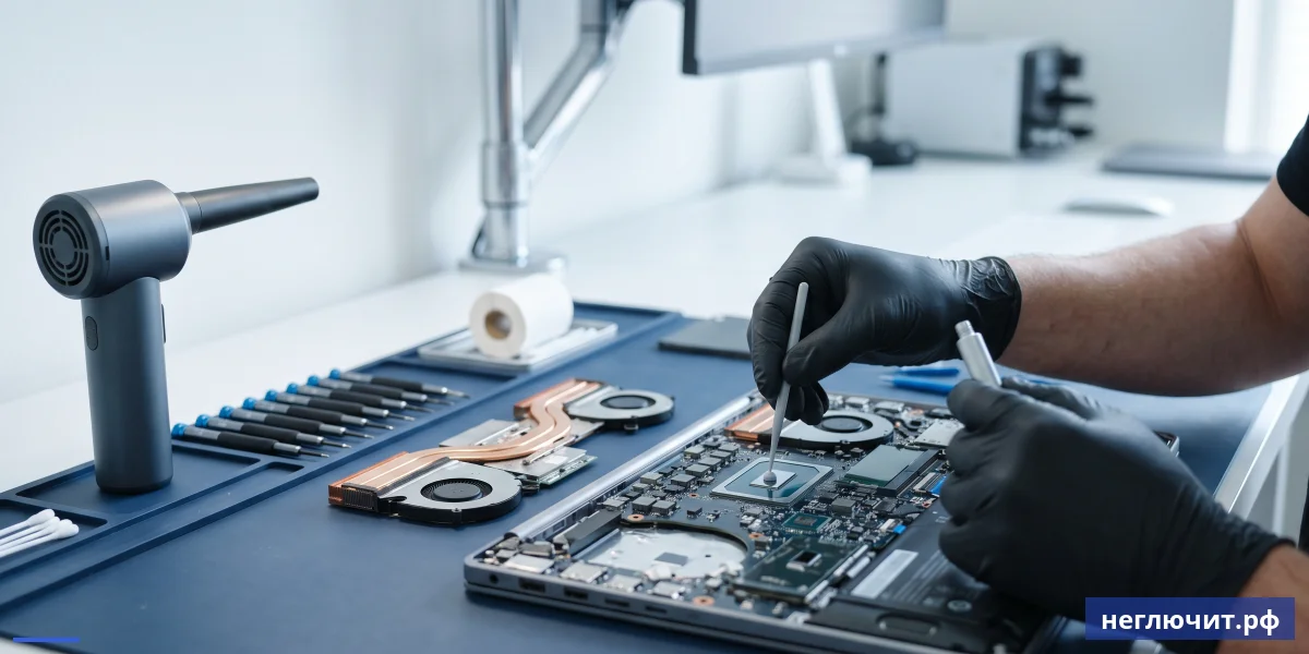 Замена термопасты на CPU ноутбука — мастер наносит свежую пасту тонким слоем