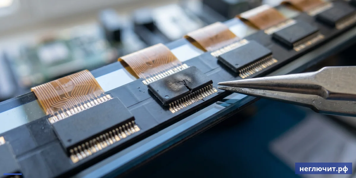 Крупный план Source Driver IC на современной матрице ТВ — реальная причина «двоения железа»
