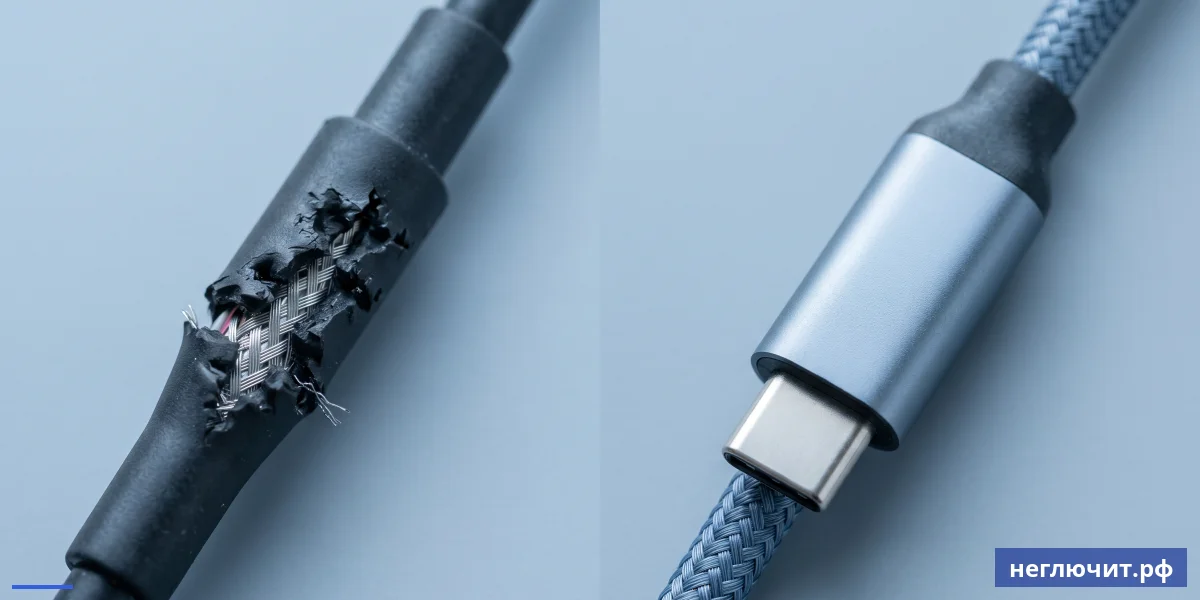 Погрызенный собакой USB-C кабель рядом с новым плетёным — наглядная разница и аргумент к замене