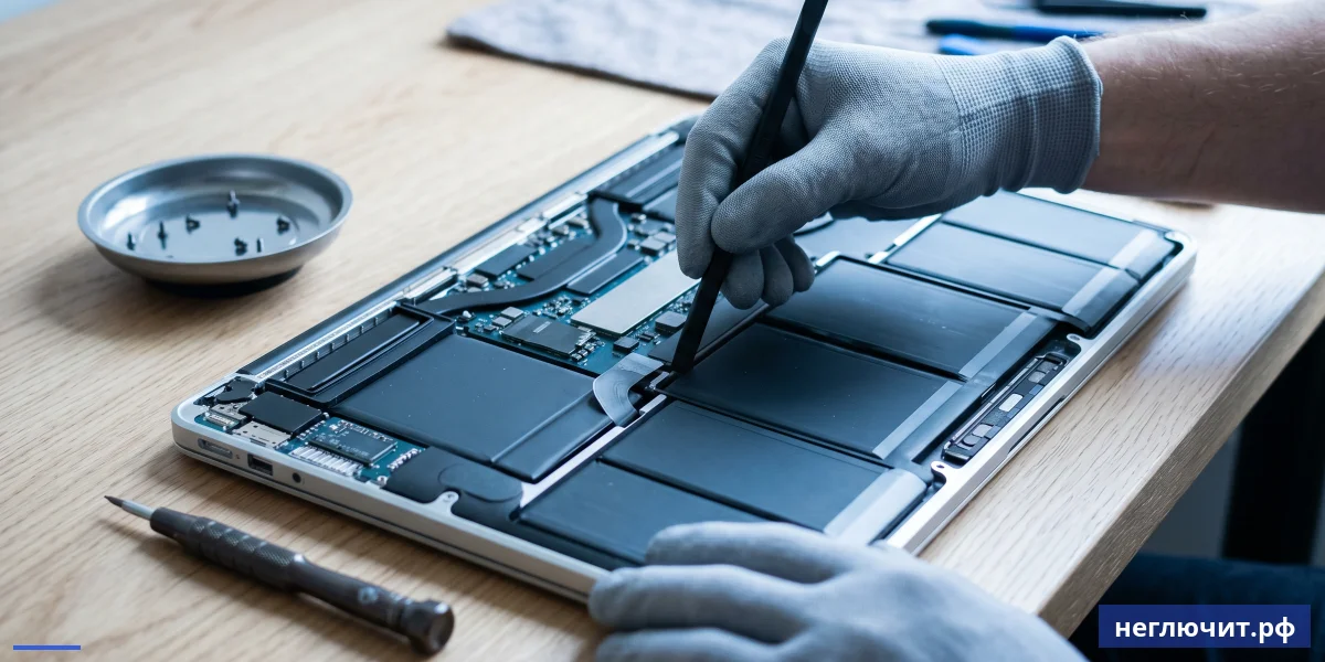 Мастер заменяет плоский Li-Po аккумулятор в разобранном MacBook Air с пентолоб-инструментом