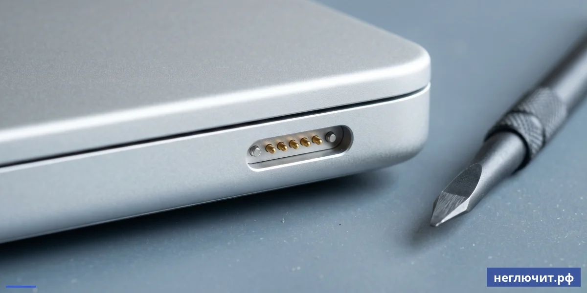 Крупный план MagSafe-разъёма с магнитными контактами на торце алюминиевого корпуса MacBook Air