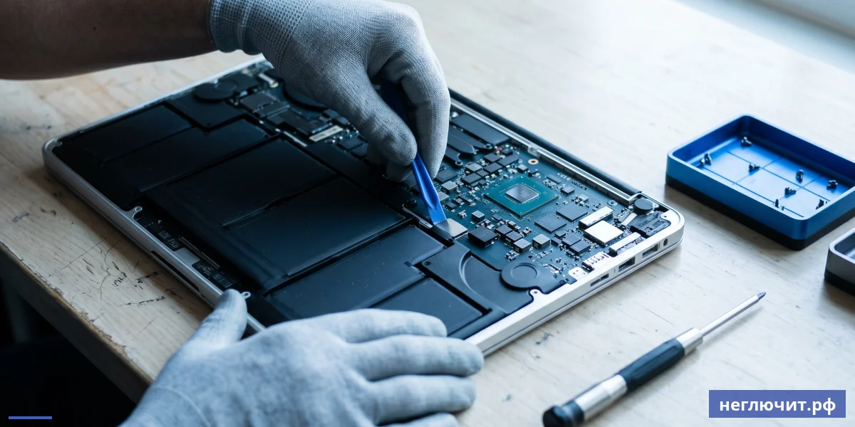 Мастер заменяет плоский Li-Po аккумулятор в разобранном MacBook Pro с пентолоб-инструментом