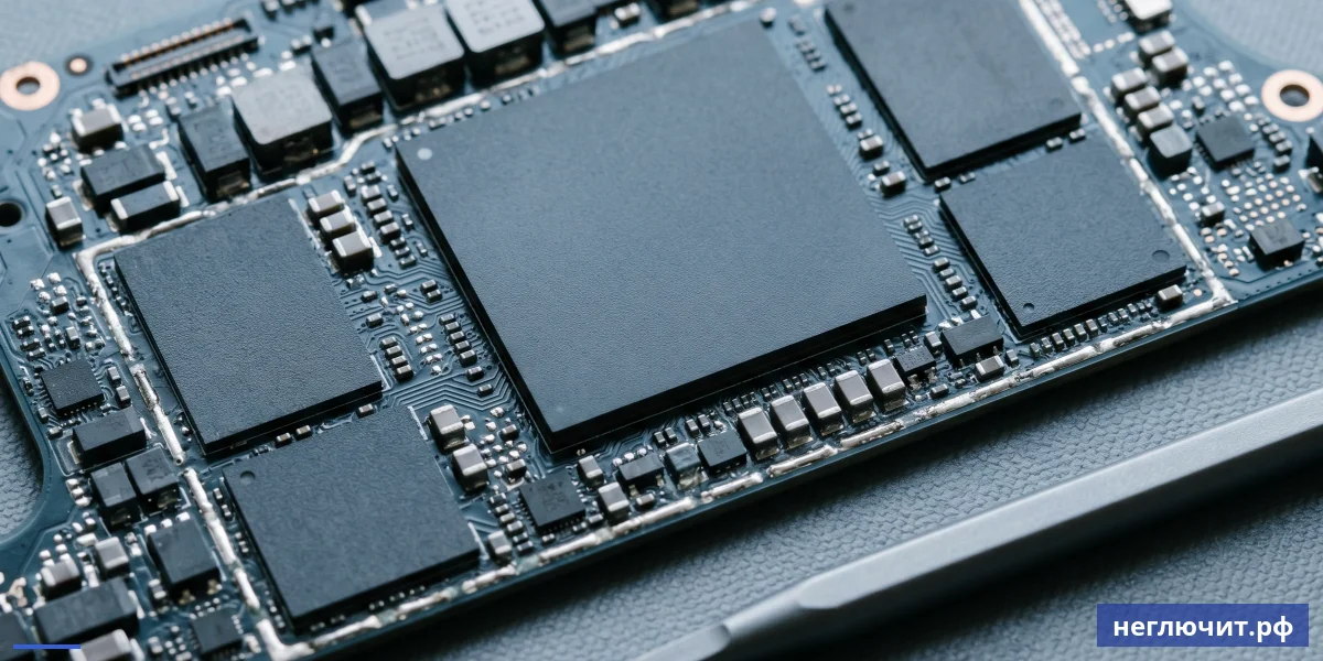 Крупный план SoC чипа Apple Silicon с распаянными RAM и SSD на материнской плате