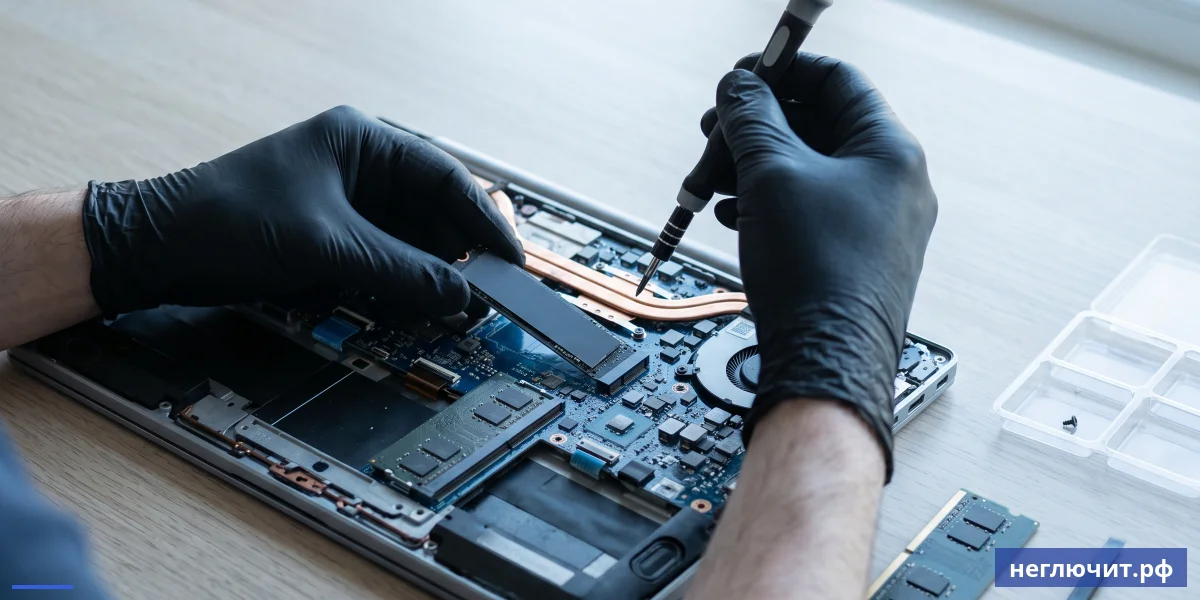 Руки мастера в антистатических перчатках устанавливают NVMe SSD в M.2 слот разобранного ноутбука — апгрейд диска