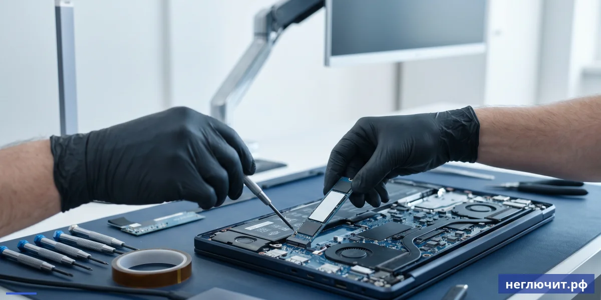 Установка NVMe SSD в ноутбук — мастер вставляет SSD в слот M.2 материнской платы
